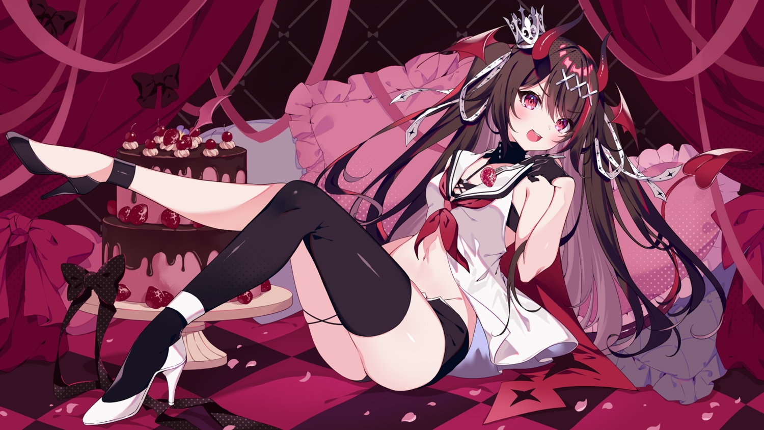 bed, bow, brown_hair, cake, cape, crown, dress, food, fruit, garter, gloves, horns, long_hair, navel, noripro, ouma_kirara, red_eyes, ribbons, school_uniform, shorts, strawberry, tail, tatejima_uri, thighhighs, twintails