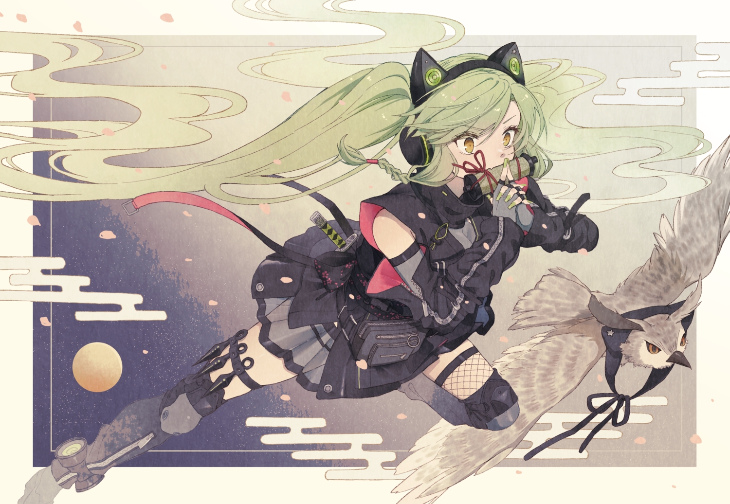 animal, animal_ears, anthropomorphism, armor, bird, braids, breasts, brown_eyes, cleavage, elbow_gloves, fang, garter, girls_frontline, gloves, green_hair, headphones, japanese_clothes, long_hair, magal_(girls_frontline), ninja, owl, rabb_horn, see_through, skirt, sword, twintails, weapon