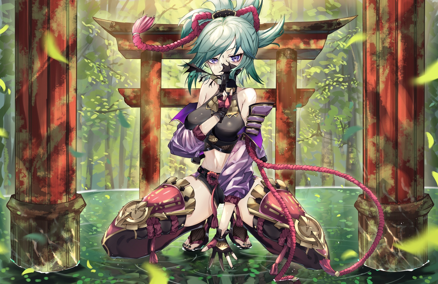 armor, breasts, forest, genshin_impact, gloves, green, green_hair, japanese_clothes