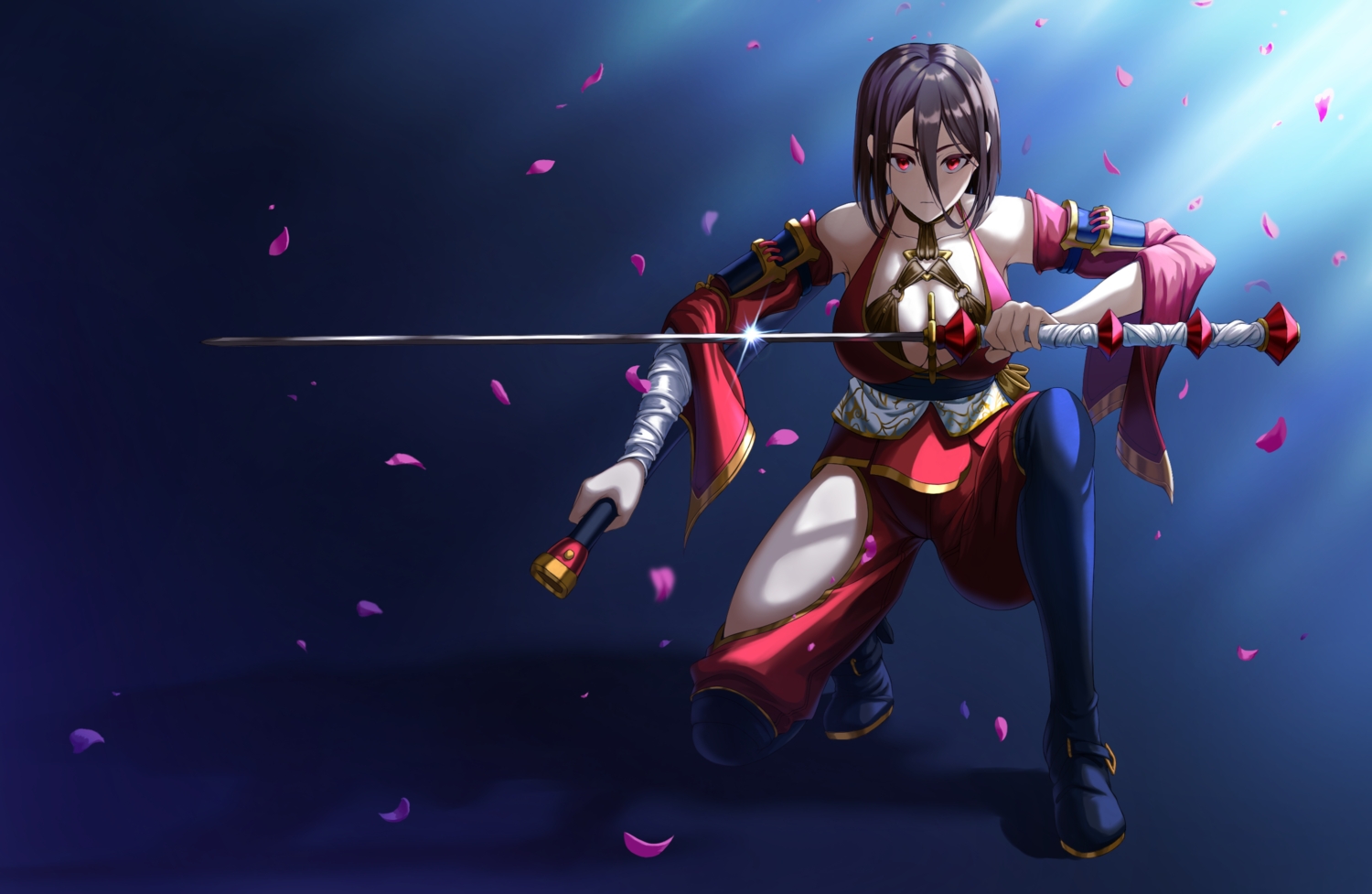 armor, bandage, black_hair, blue, boots, breasts, cleavage, gradient, japanese_clothes, kunoichi_kaen, last_origin, ninja, petals, red_eyes, sechna21, short_hair, sword, weapon, wristwear