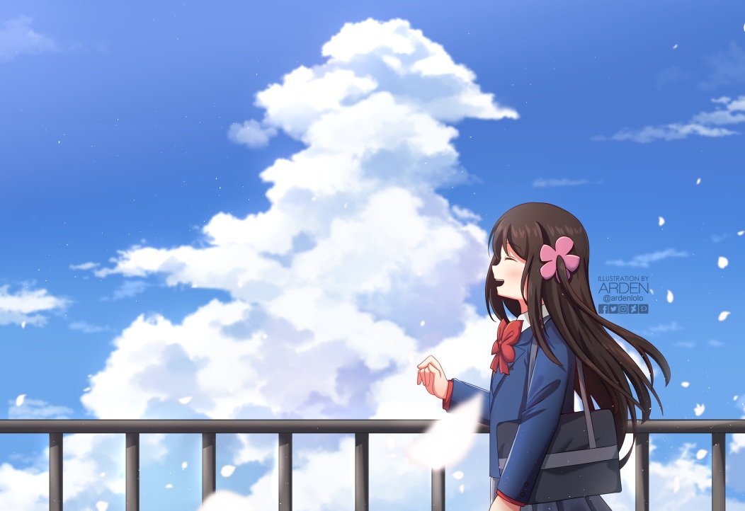 ardenlolo, brown_hair, clouds, hitori_bocchi, hitoribocchi_no_marumaru_seikatsu, school_uniform, watermark