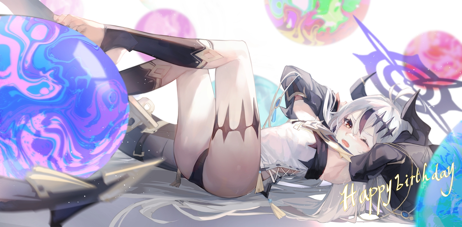 gray_hair, halo, horns, kneehighs, long_hair, original, panties, saitogiulio