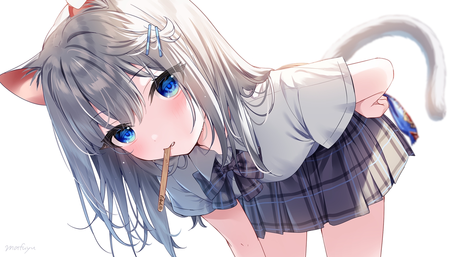 animal_ears, blue_eyes, blush, bow, catgirl, close, gray_hair, long_hair