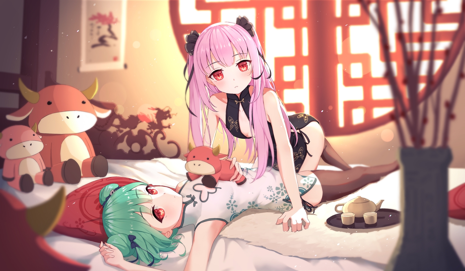2girls, chinese_clothes, chinese_dress, dress, hololive, orenji_(user_fknw7775), shoujo_ai, uruha_rushia