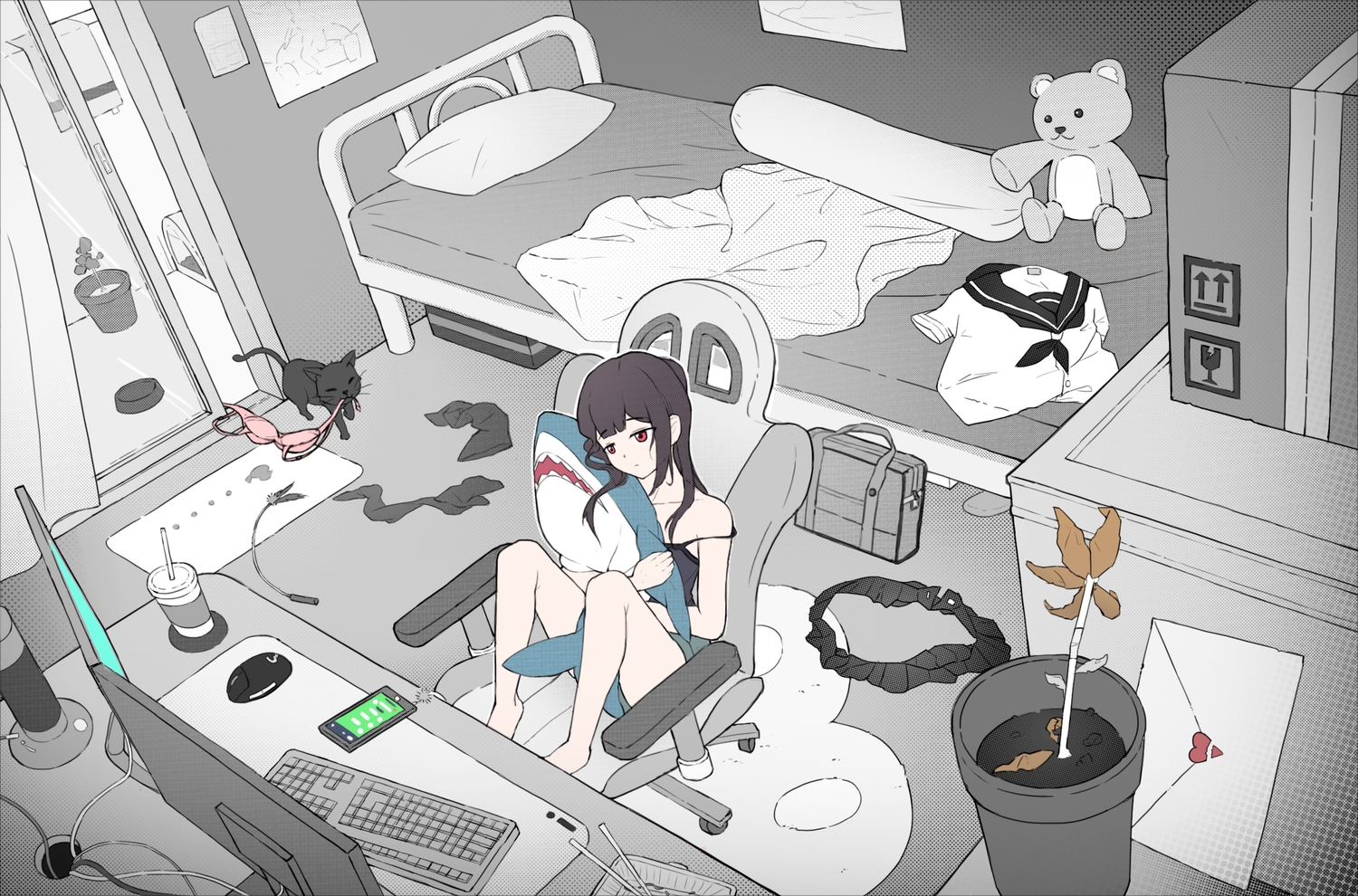 animal, bed, bra, cat, computer, drink, orenji_(user_fknw7775), original, phone, polychromatic, teddy_bear, underwear