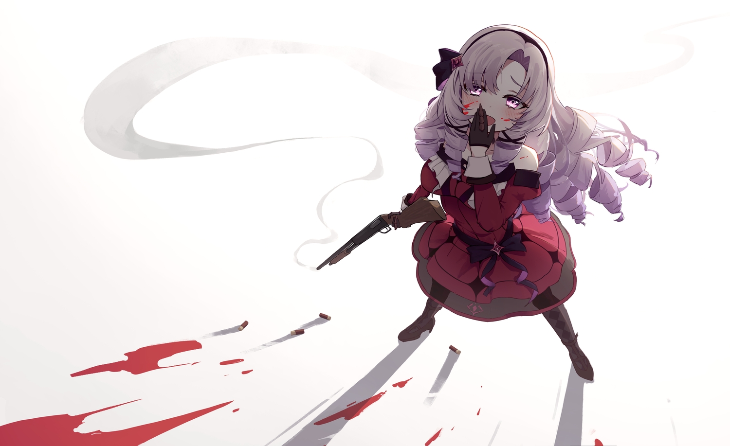 blood, blush, bow, dress, gloves, gun, headband, hyakumantenbara_salome, nijisanji, orenji_(user_fknw7775), purple_eyes, purple_hair, weapon
