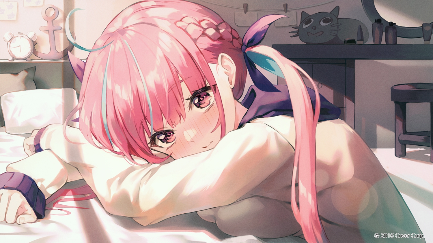 bed, blush, braids, close, hololive, long_hair, minato_aqua, myung_yi
