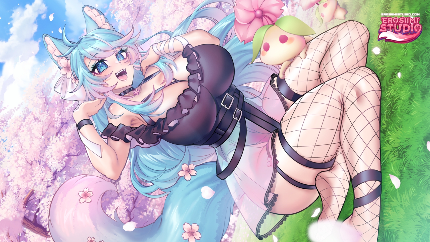 animal_ears, aqua_eyes, aqua_hair, barefoot, blush, breasts, cherry_blossoms, choker