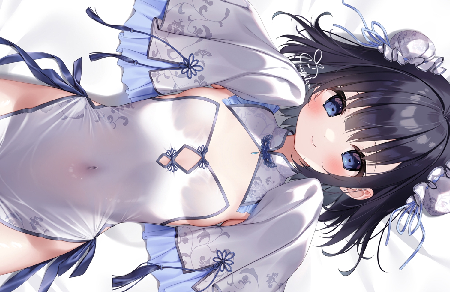 black_hair, blue_eyes, blush, chinese_clothes, chinese_dress, dress, futaba_miwa, navel