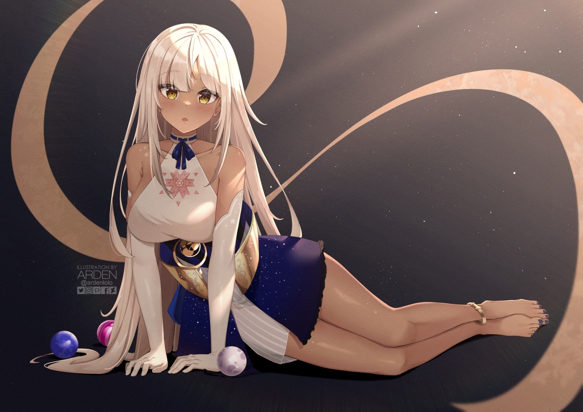 ardenlolo, barefoot, dark_skin, gradient, hololive, long_hair, space, tsukumo_sana