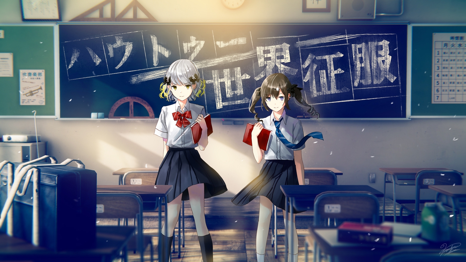 2girls, 3d, 447_records, book, bow, brown_hair, gray_hair, kazuharu_kina, kneehighs, purple_eyes, school_uniform, short_hair, signed, skirt, socks, tie, twintails, yellow_eyes, yuzuha_(yuzuha_virtual)