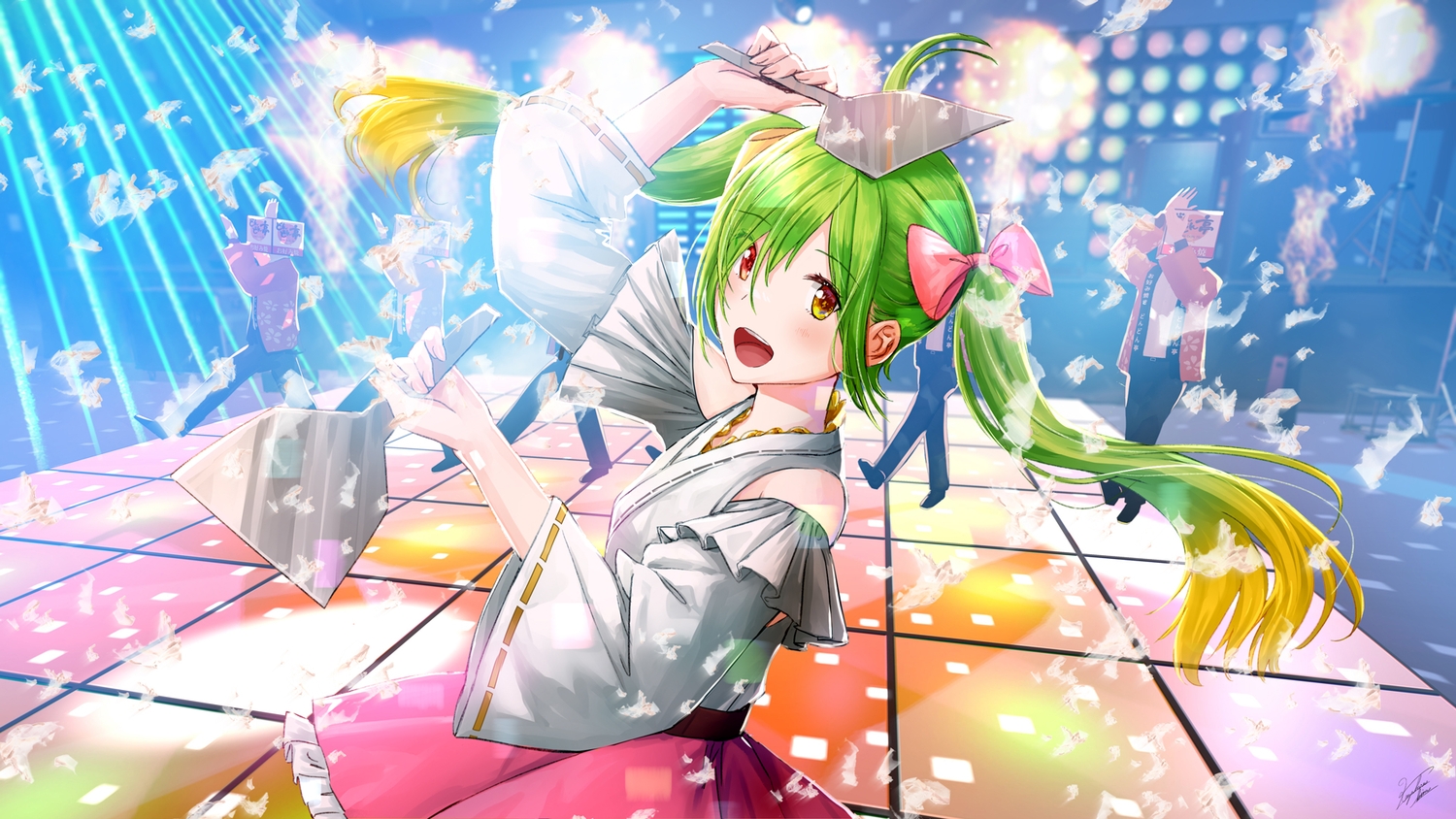 bicolored_eyes, blush, flat_chest, fukuoka_gourmet_sanmai_yokato_channel, green_hair, group, japanese_clothes, kazuharu_kina, long_hair, maizuru_yokato, miko, signed, skirt, twintails