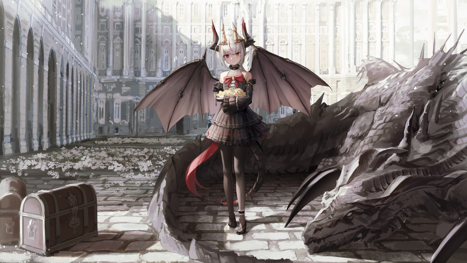 aliasing, bicolored_eyes, building, collar, dragon, flowers, goth-loli, horns