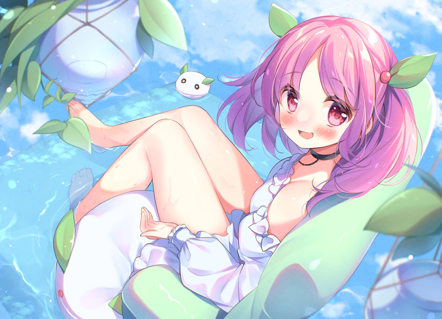barefoot, blush, choker, dress, gau_(n00_shi), long_hair, original, purple_hair