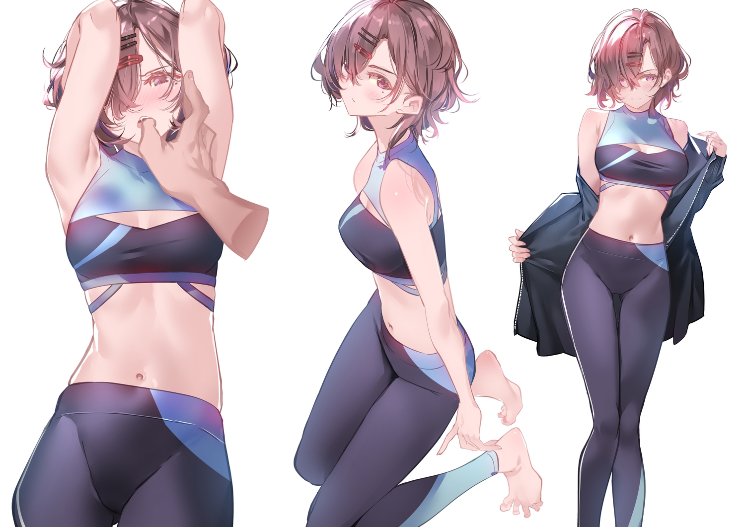 barefoot, blush, brown_hair, higuchi_madoka, idolmaster, idolmaster_shiny_colors, navel, open_shirt, purple_eyes, short_hair, sydus