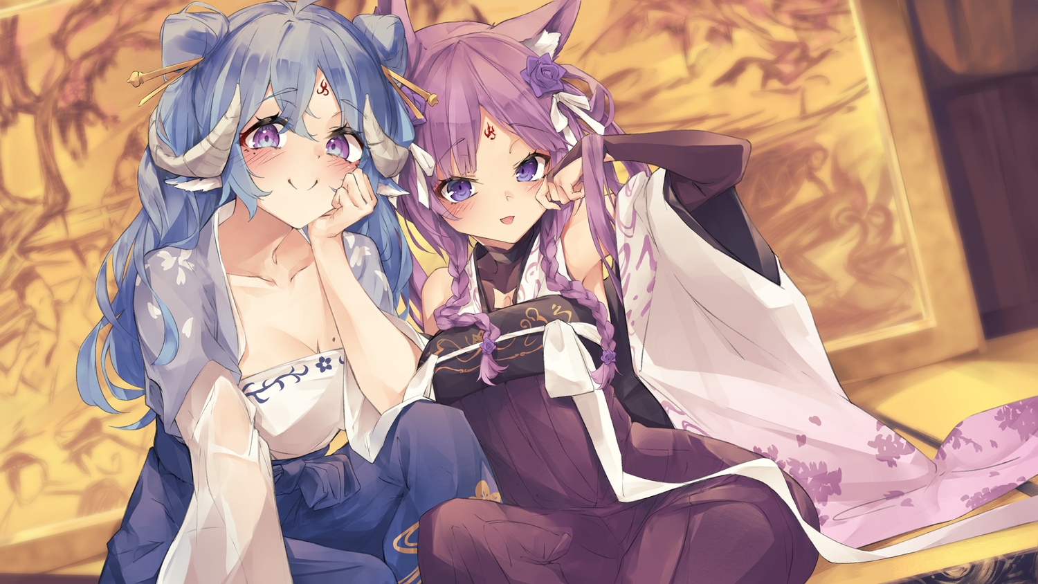 2girls, animal_ears, blue_hair, braids, chinese_clothes, horns, long_hair, purple_eyes
