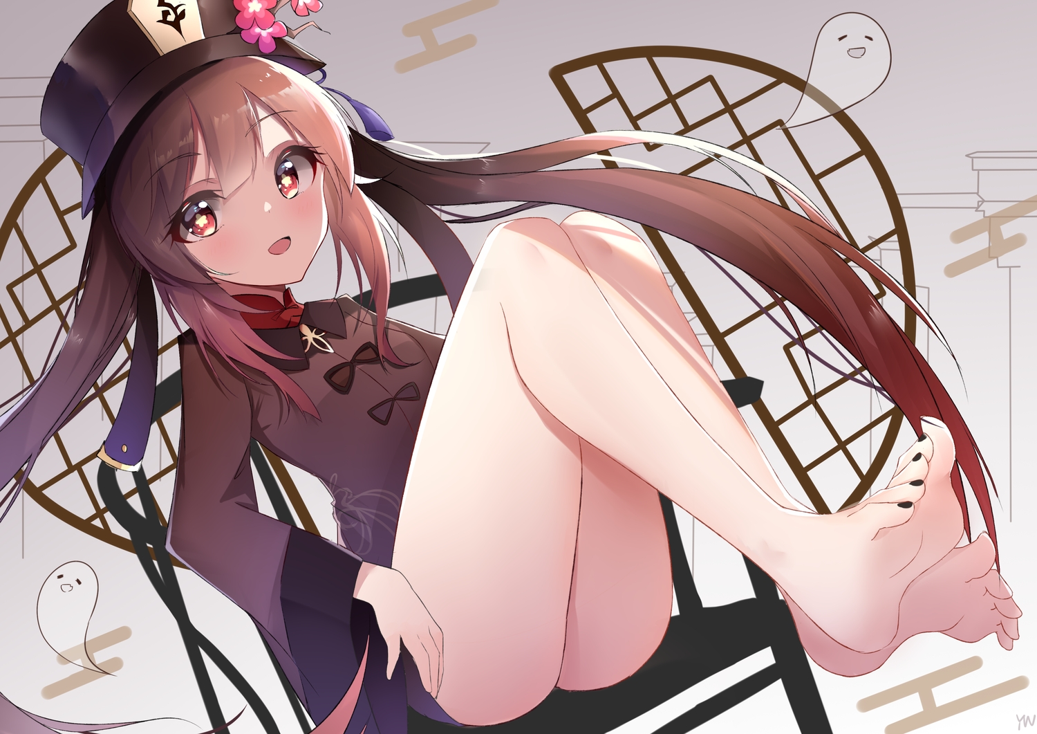 barefoot, blush, brown_eyes, brown_hair, genshin_impact, hat, hu_tao_(genshin_impact), long_hair, twintails, yanwulazy