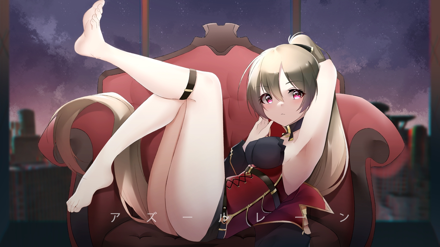 anthropomorphism, azur_lane, barefoot, brown_hair, clouds, garter, jean_bart_(azur_lane), long_hair, night, ponytail, purple_eyes, sky, stars, yanwulazy