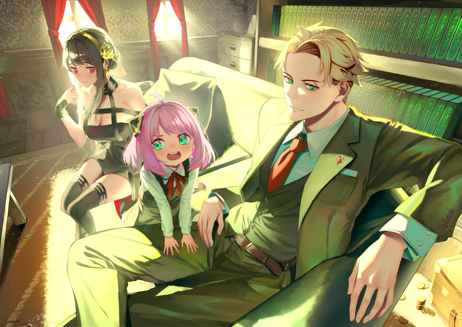 anya_(spy_x_family), black_hair, blonde_hair, couch, dress, green, green_eyes, loli