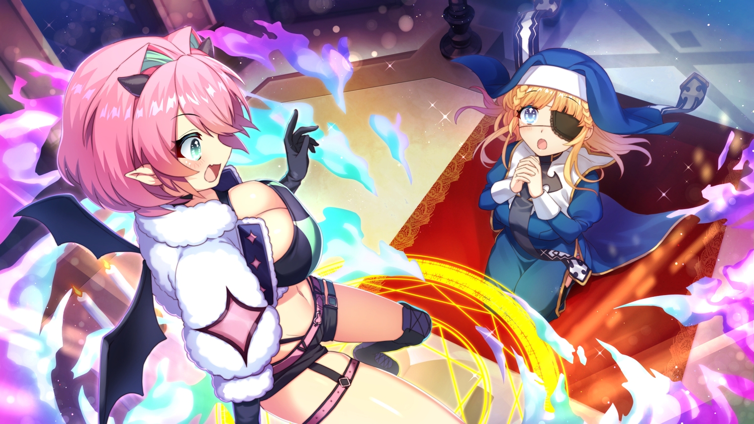 2girls, blonde_hair, blue_eyes, blush, boots, breasts, cleavage, demon