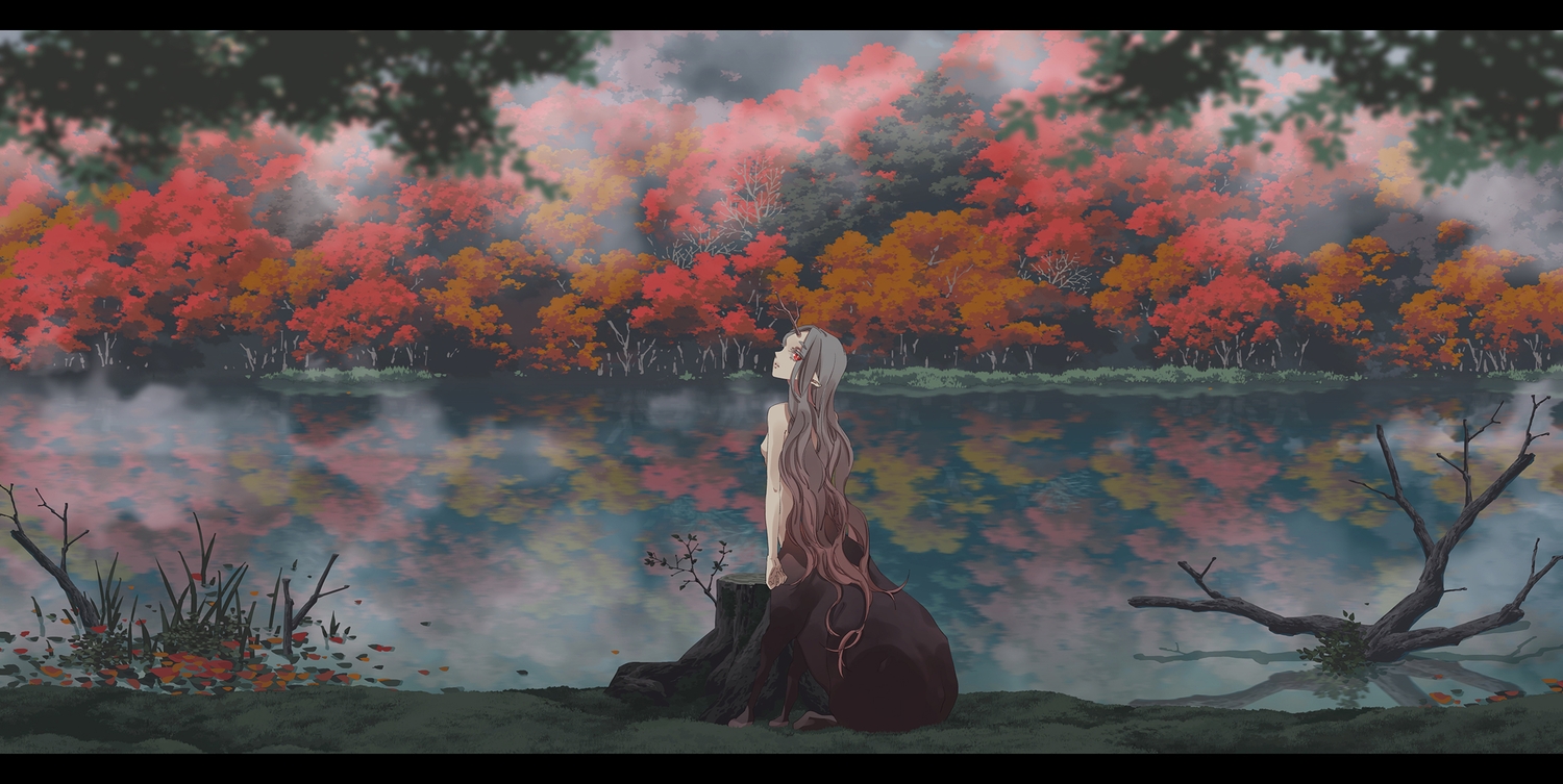 autumn, forest, gray_hair, horns, original, pointed_ears, red_eyes, sennotane