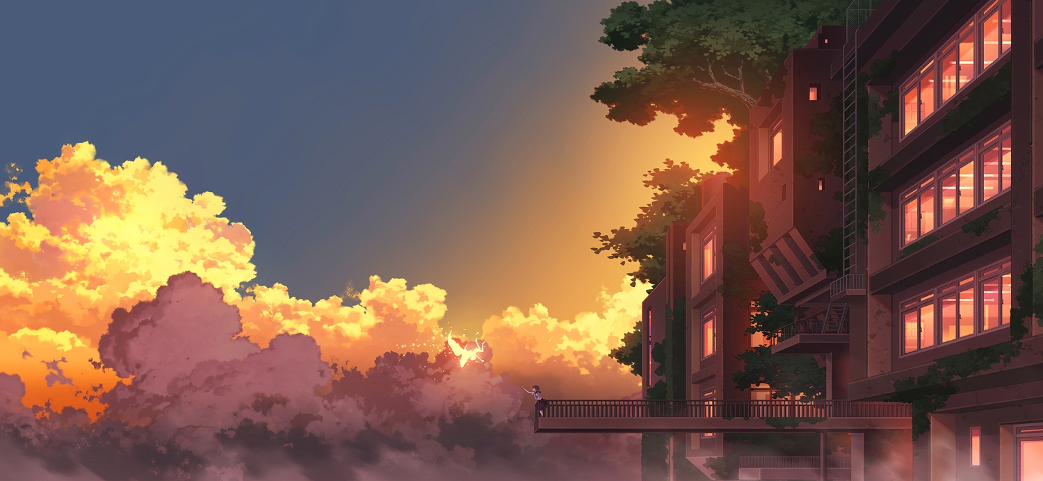 building, clouds, original, scenic, sennotane, sky, sunset, tree