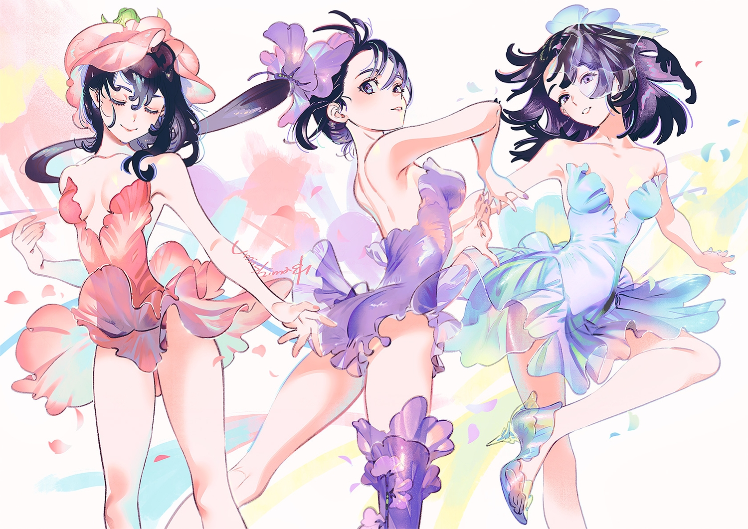 leotard, original, petals, purple_eyes, signed, umishima_senbon