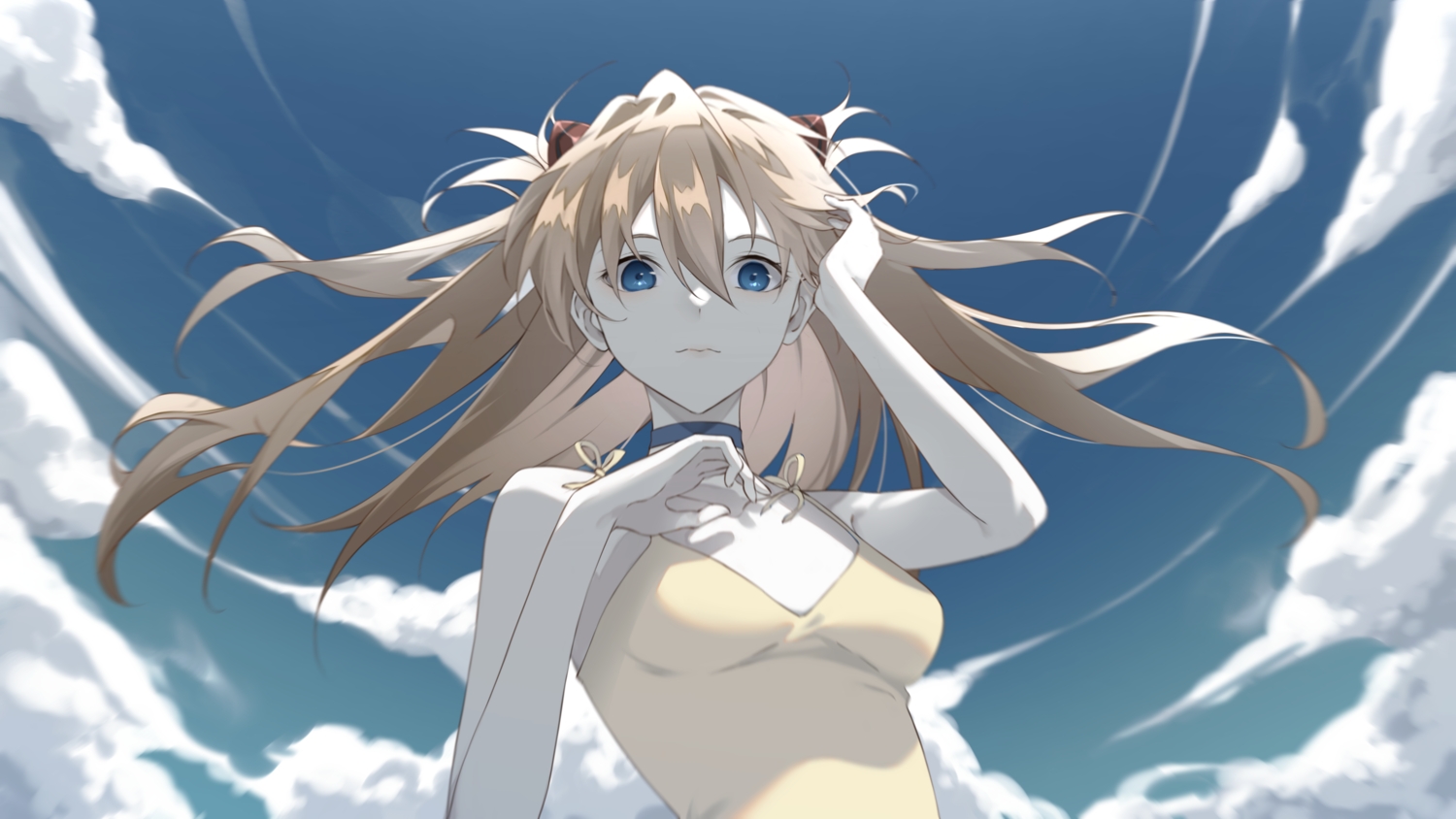 bis_chu_it, blue_eyes, brown_hair, choker, close, clouds, long_hair, neon_genesis_evangelion