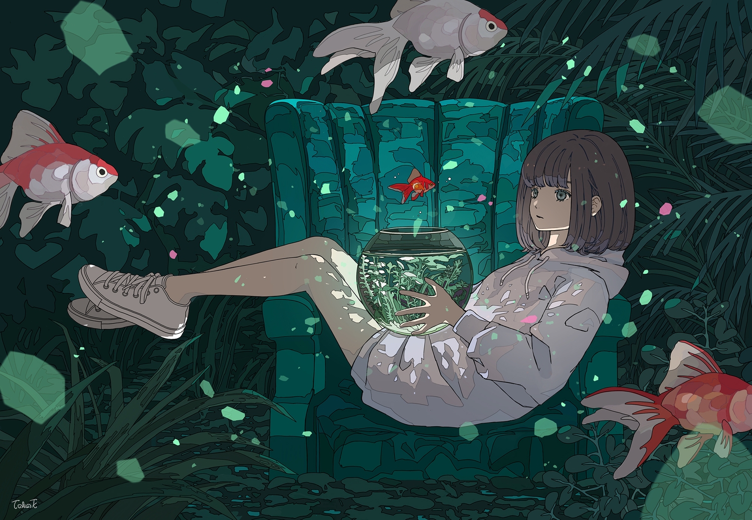 animal, brown_hair, fish, gray_eyes, green, hood, leaves, original, seraphitalg, short_hair, signed