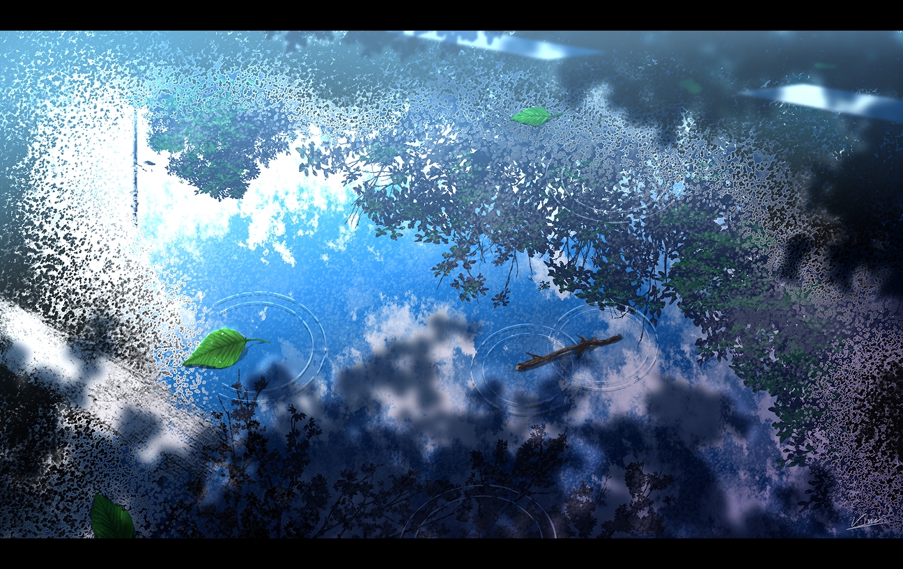 clouds, leaves, no_humans, original, reflection, signed, sky, vinci_v7