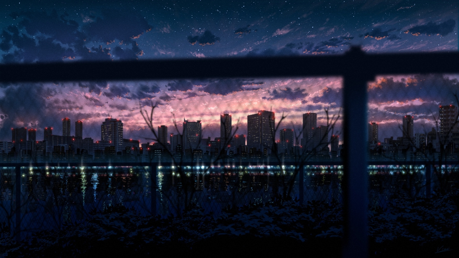 building, city, clouds, dark, original, reflection, scenic, signed, sky, stars, sunset, vinci_v7, water