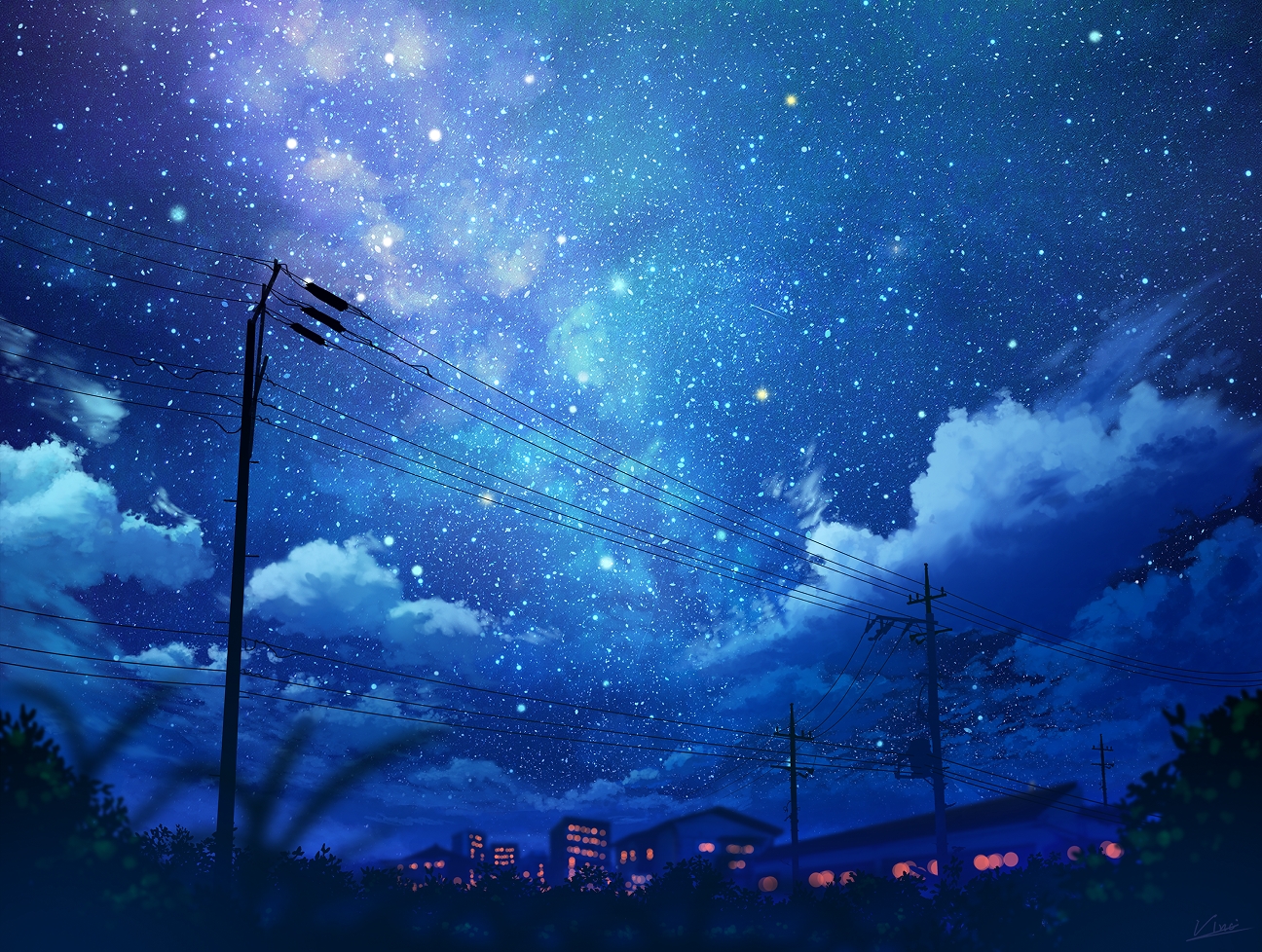 building, clouds, night, original, scenic, signed, silhouette, sky, stars, vinci_v7