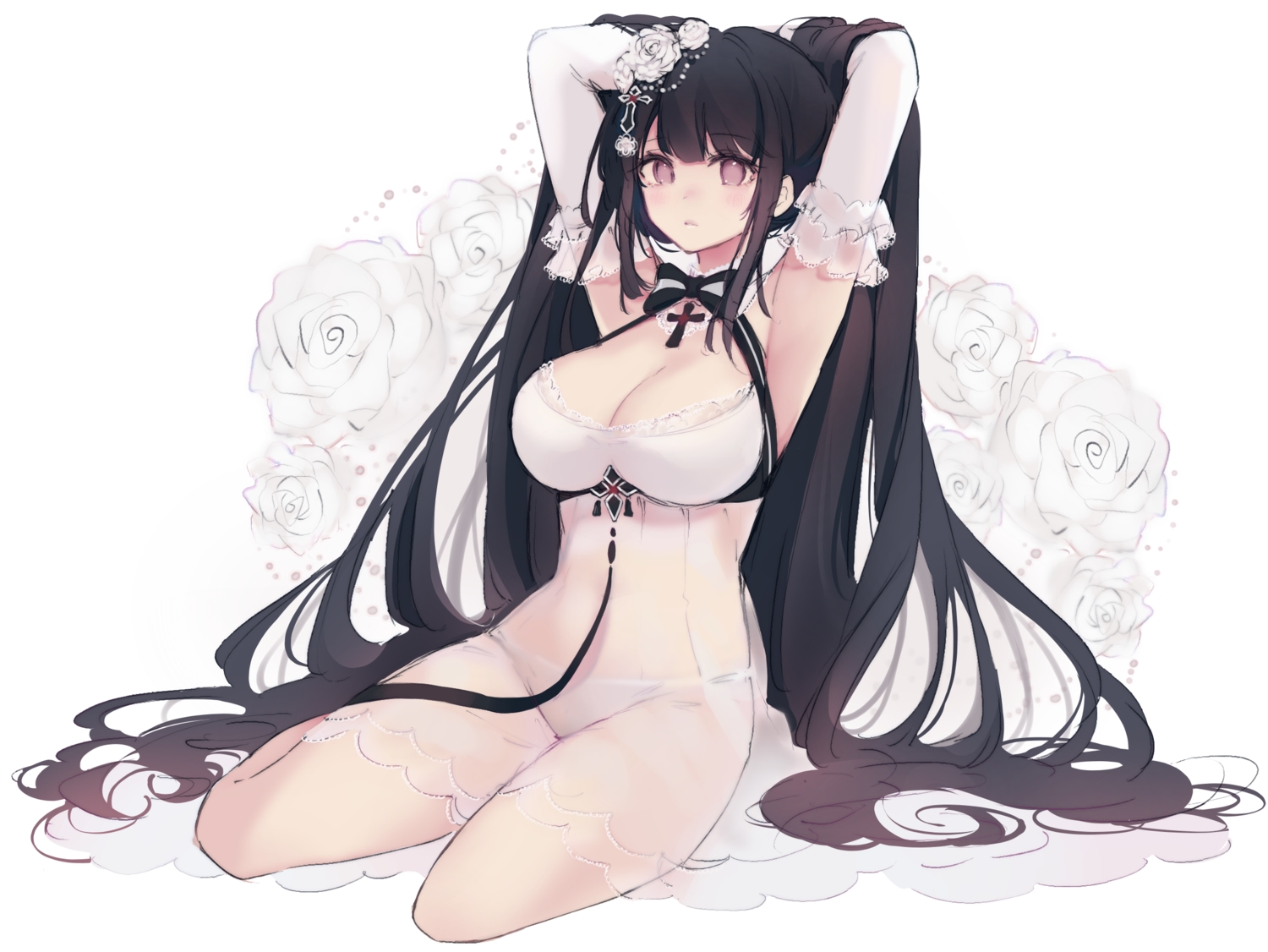 antay6oo9, anthropomorphism, azur_lane, black_hair, breasts, cleavage, dress, flowers, long_hair, no_bra, panties, peter_strasser_(azur_lane), purple_eyes, rose, see_through, sketch, underwear