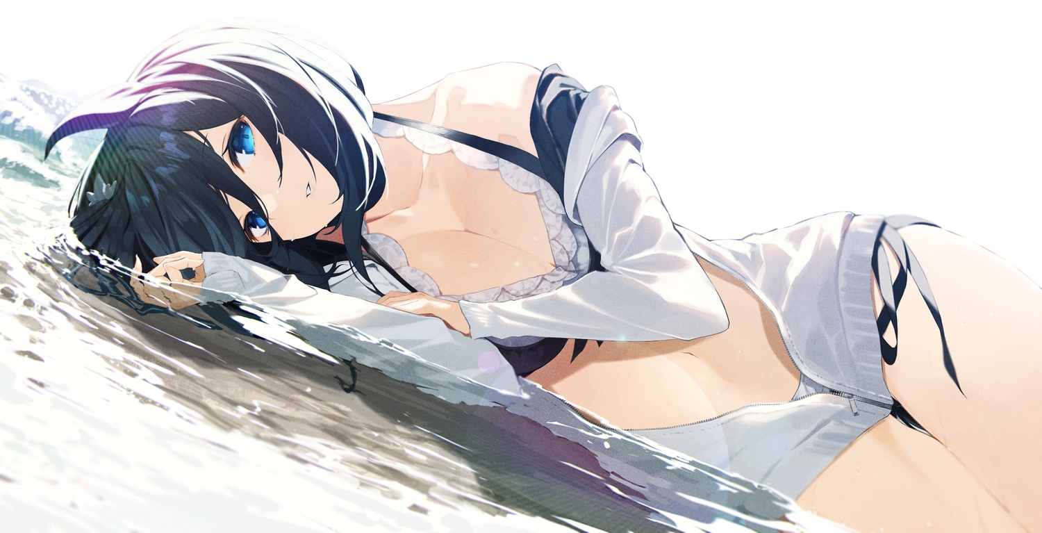 animal_ears, anthropomorphism, aqua_eyes, bikini, black_hair, blue_eyes, breasts, cleavage, eishin_flash_(umamusume), navel, open_shirt, senmu, swimsuit, uma_musume:_pretty_derby, water