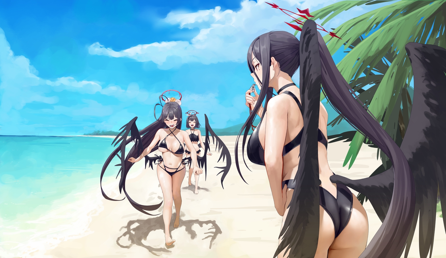 ass, beach, bikini, black_hair, blue_archive, chela77, clouds, halo, hanekawa_hasumi, kenzaki_tsurugi, long_hair, navel, ponytail, shizuyama_mashiro, short_hair, sky, swimsuit, water, wings