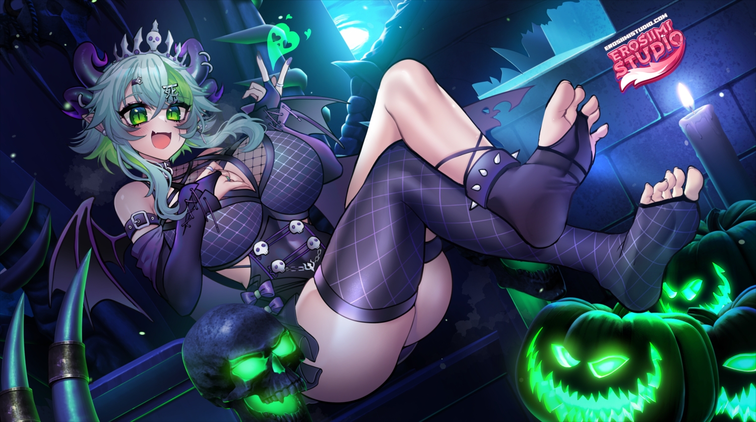 blush, breast_hold, breasts, cat_smile, cleavage, demon, dress, elbow_gloves