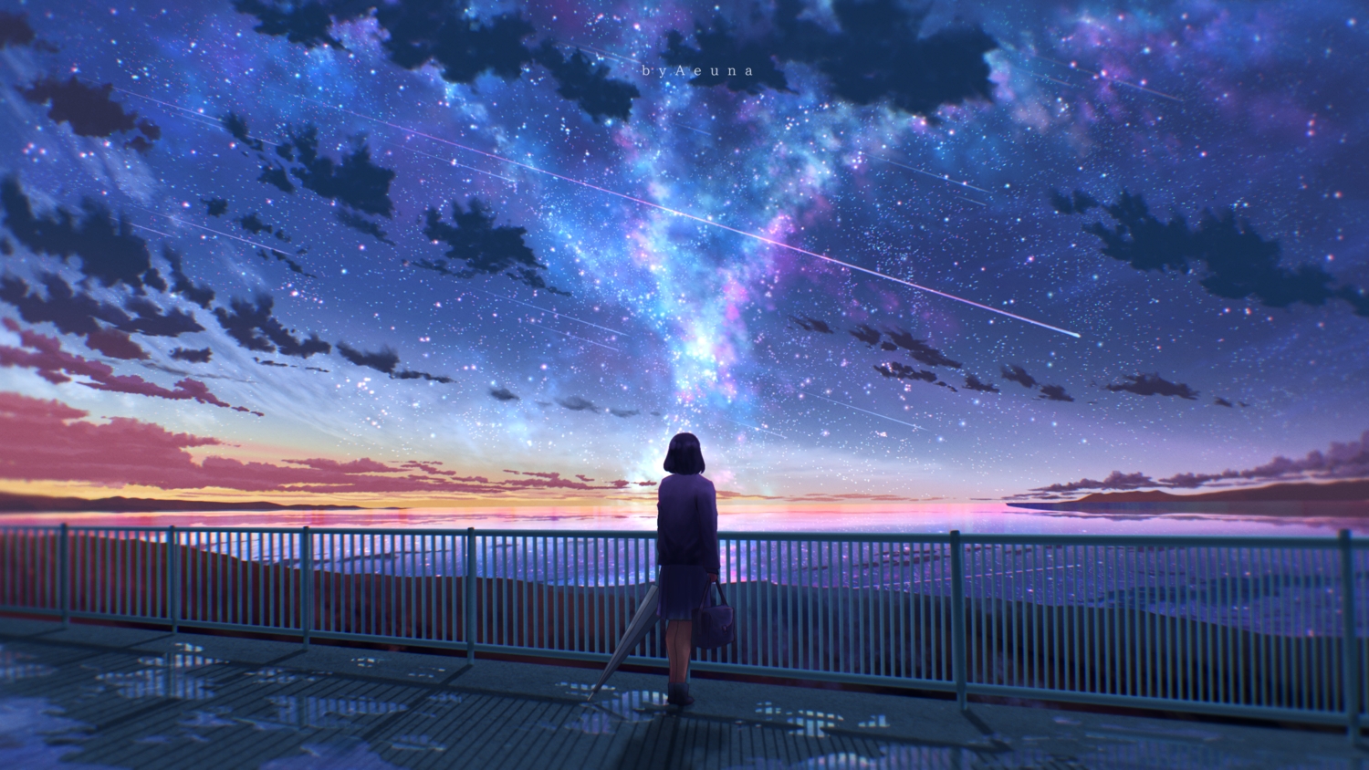 aeuna, clouds, original, scenic, short_hair, sky, stars, sunset