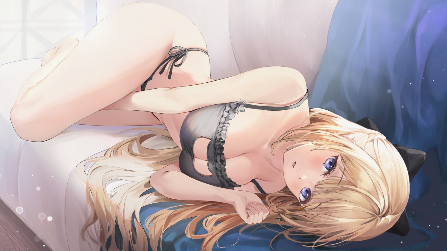 barefoot, bed, blonde_hair, bra, breasts, cleavage, lillly, long_hair