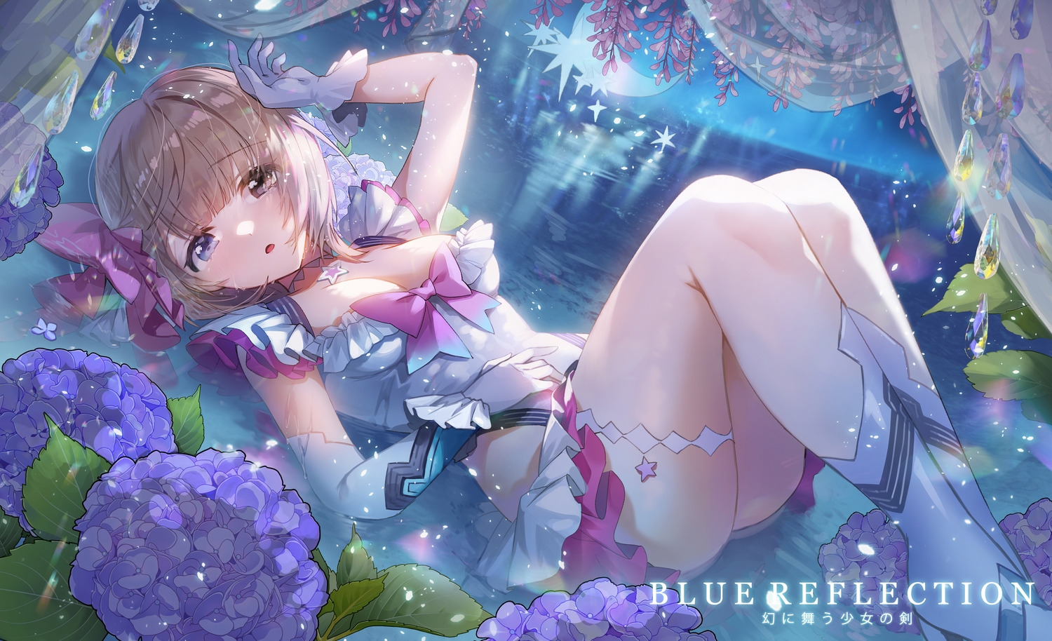 applecaramel_(acaramel), bicolored_eyes, blue_reflection, bow, breasts, brown_hair, choker, cleavage, elbow_gloves, flowers, garter, gloves, kneehighs, leotard, shirai_hinako, short_hair, water