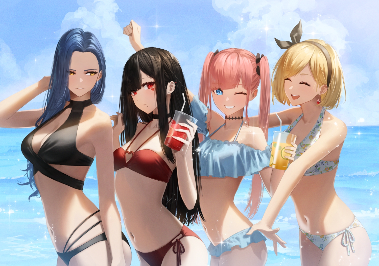 beach, bikini, black_hair, blonde_hair, blue_hair, breasts, cleavage, drink, hara_kenshi, heart, long_hair, navel, original, pink_hair, short_hair, sky, swimsuit, tattoo, twintails, water, wink