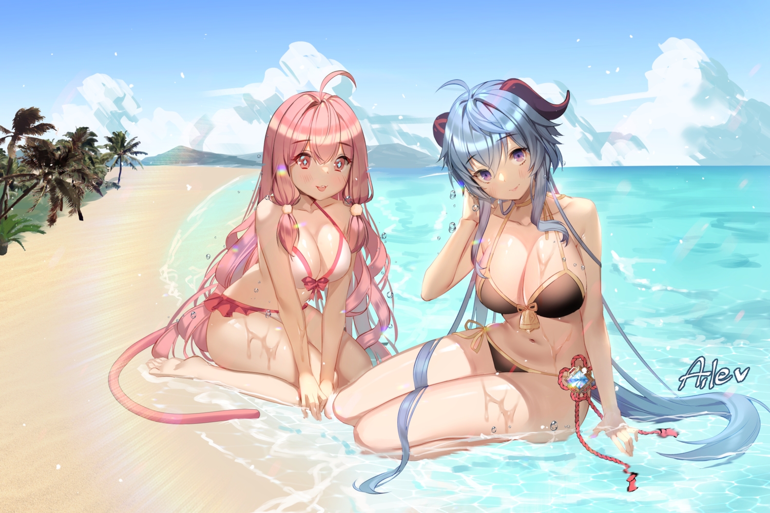 2girls, aile_(crossroads), barefoot, beach, blue_hair, blush, breast_hold, breasts