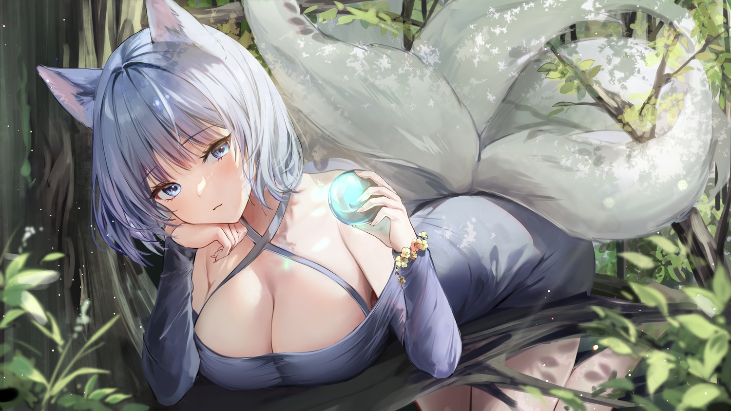 animal_ears, blue_eyes, blue_hair, breasts, cleavage, dress, forest, foxgirl, lillly, original, short_hair, tail, tree