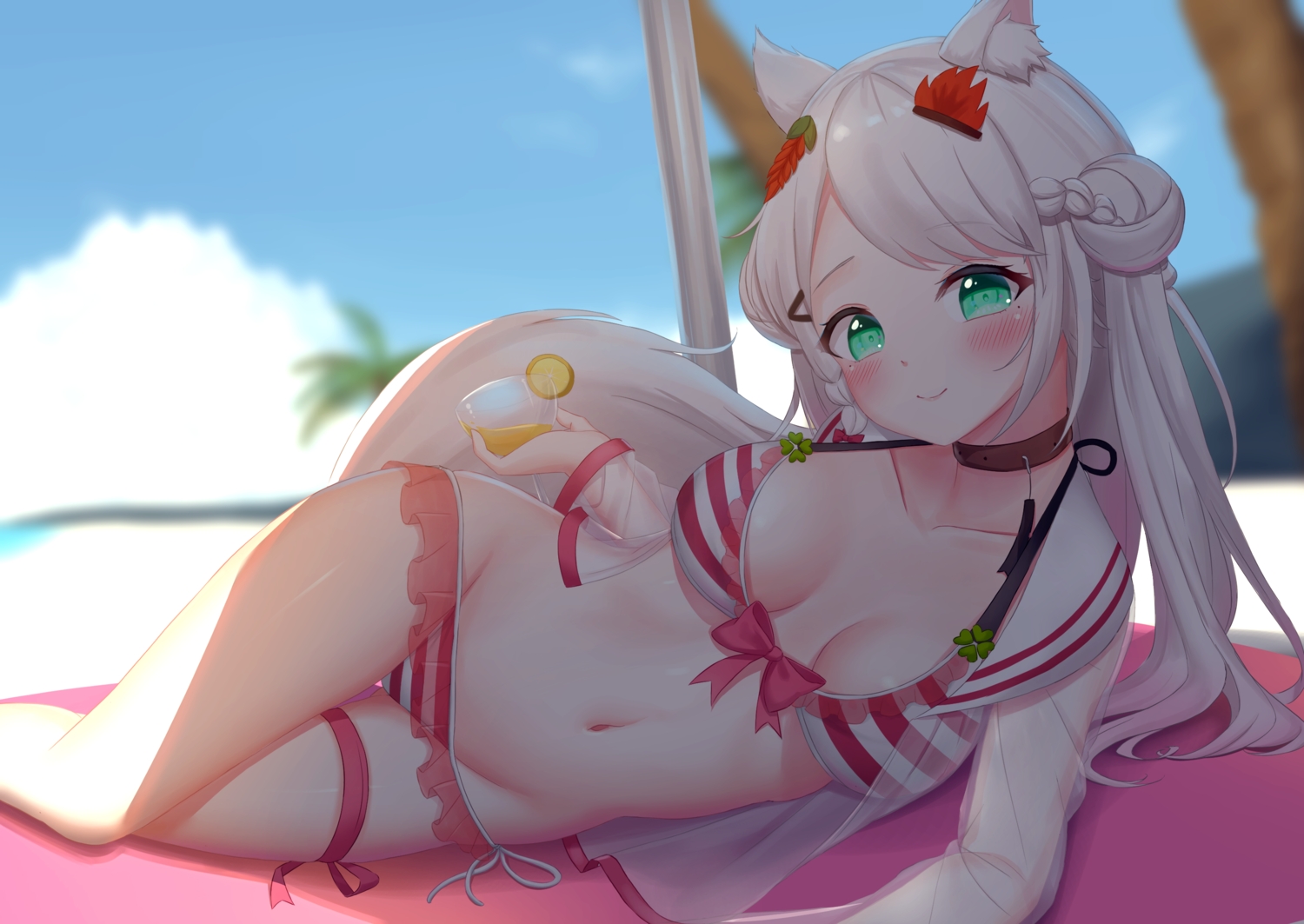 animal_ears, aqua_eyes, beach, bikini, braids, drink, garter, gray_hair, long_hair, navel, open_shirt, see_through, shade, shirt, swimsuit, tail, tree, white_clover_(unfy8472)