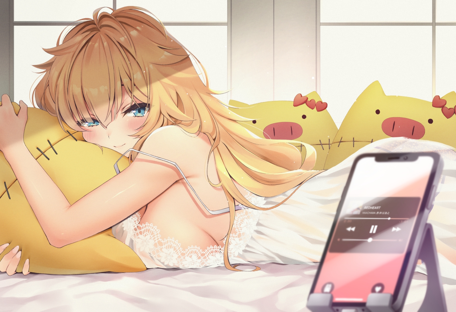 akai_haato, aqua_eyes, blonde_hair, blush, breasts, dress, hololive, long_hair