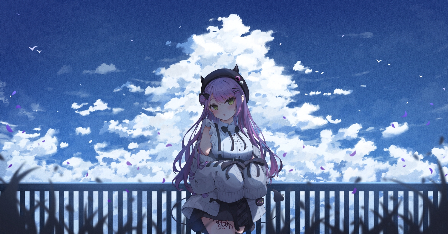 clouds, grass, green_eyes, hat, hololive, horns, long_hair, magaqq123, purple_hair, sky, tattoo, tokoyami_towa