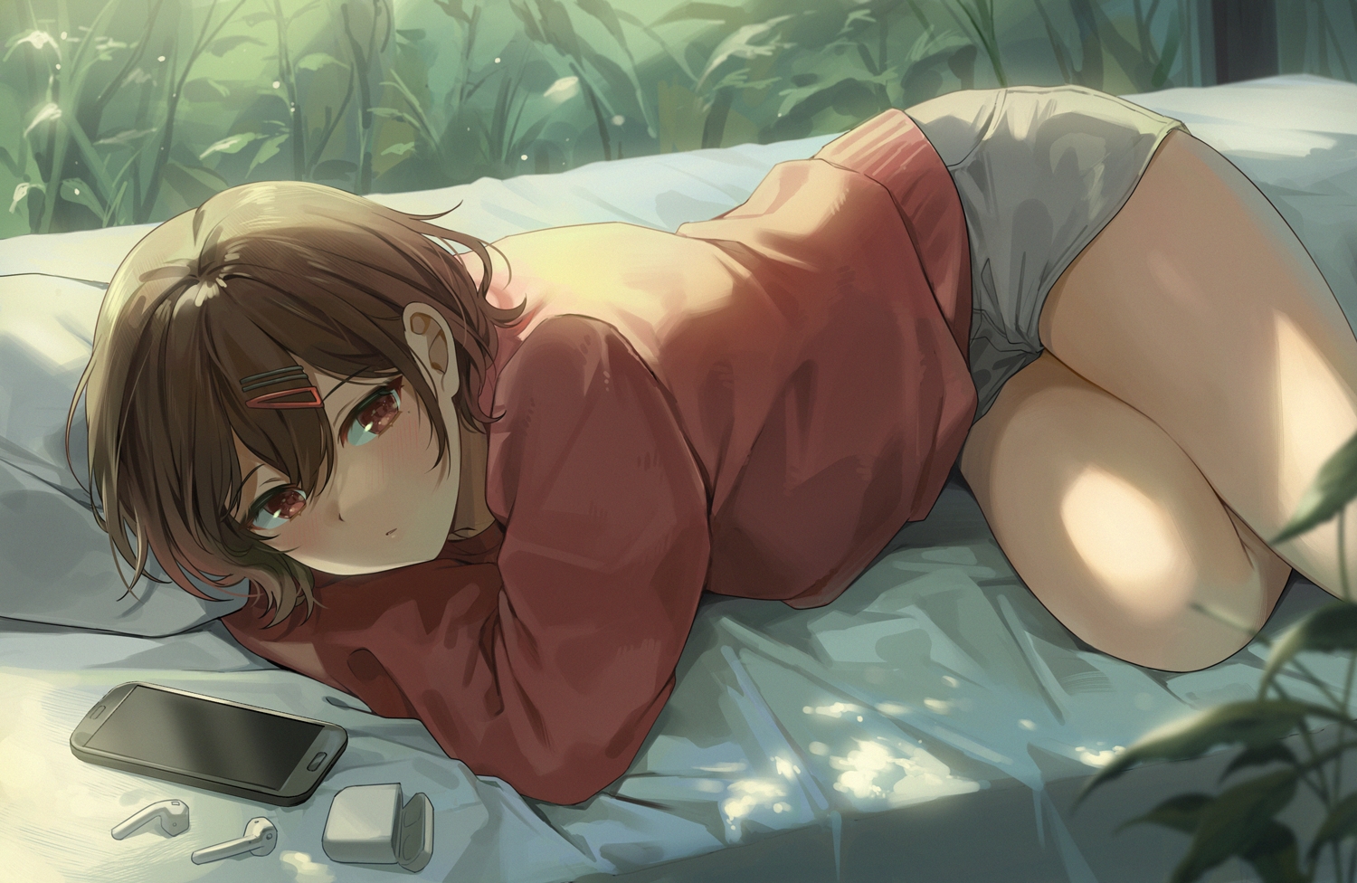 bed, blush, brown_hair, gijang, headphones, higuchi_madoka, idolmaster, idolmaster_shiny_colors, phone, red_eyes, short_hair, shorts