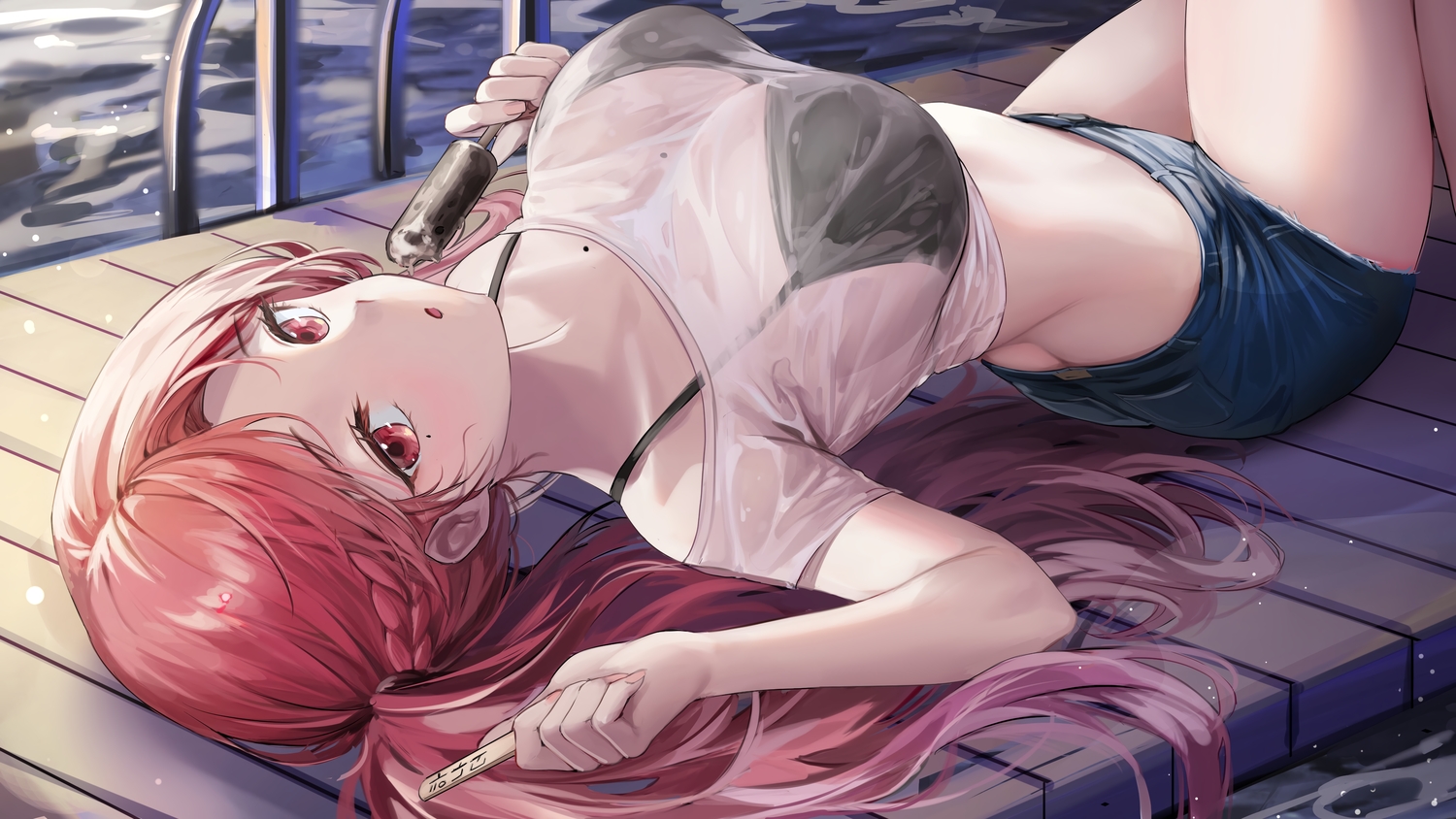 ass, bikini_top, braids, breasts, lillly, long_hair, original, popsicle, red_eyes, red_hair, shorts