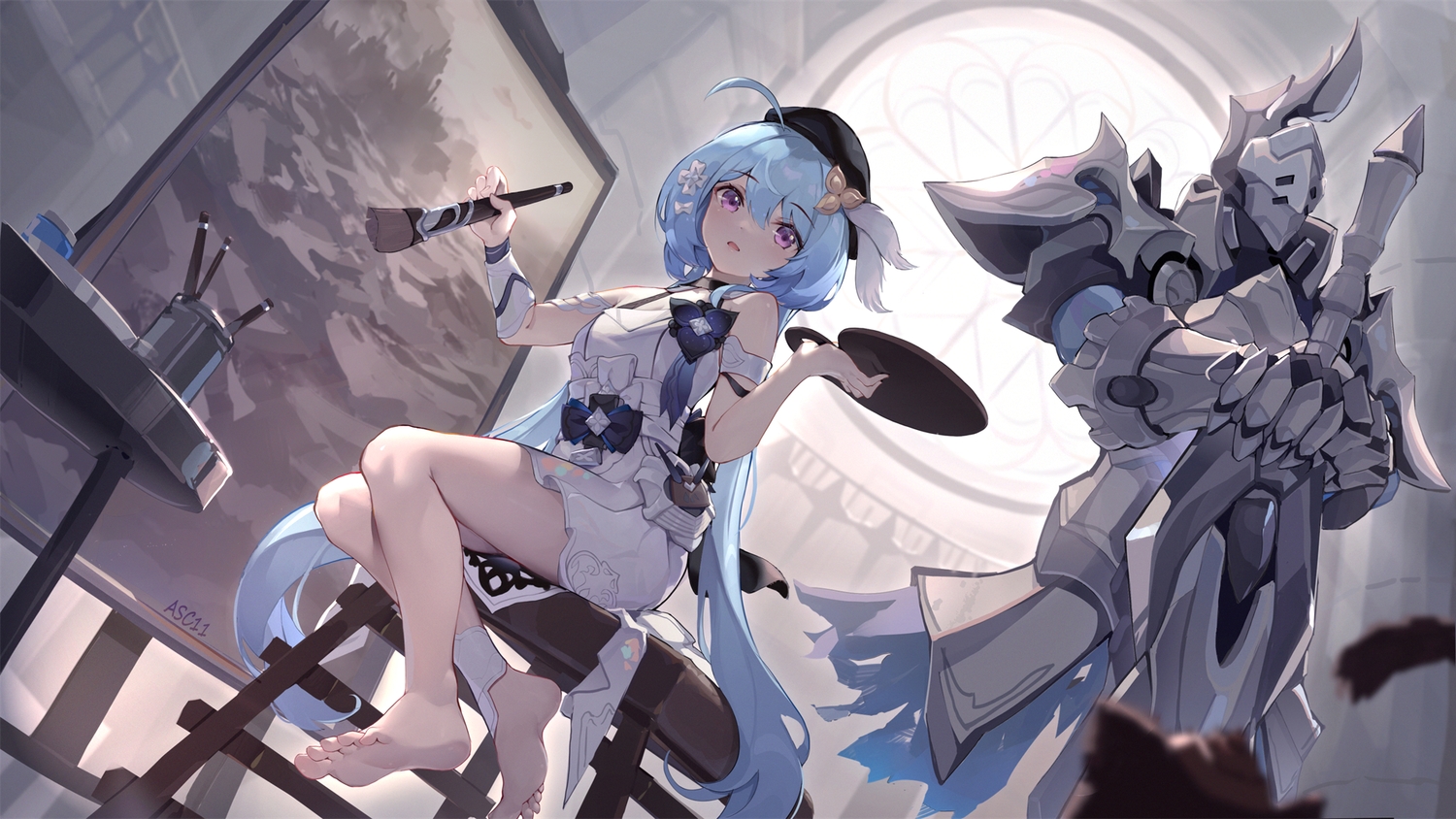 armor, asc11, barefoot, blue_hair, griseo, hat, honkai_impact, honkai_(series), long_hair, purple_eyes, signed, twintails