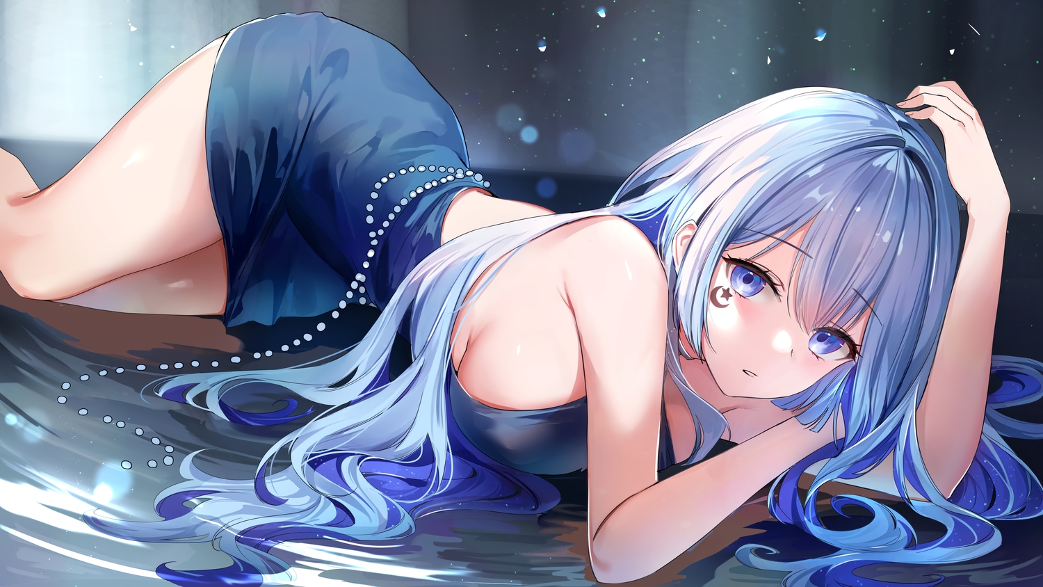 blue_eyes, blue_hair, blush, breasts, dress, lillly, long_hair, no_bra