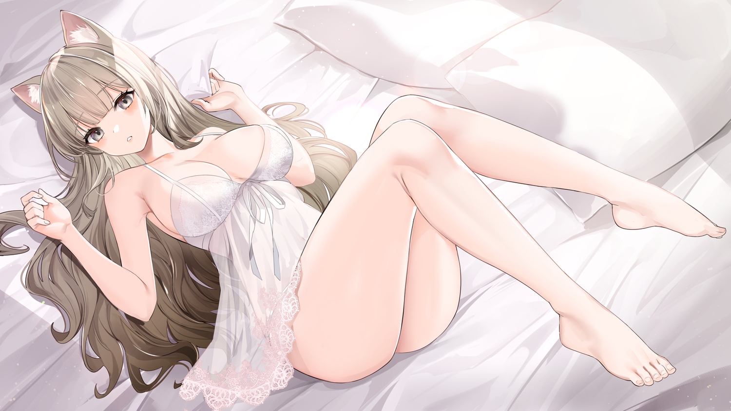 animal_ears, barefoot, blush, breasts, brown_eyes, brown_hair, cleavage, dress